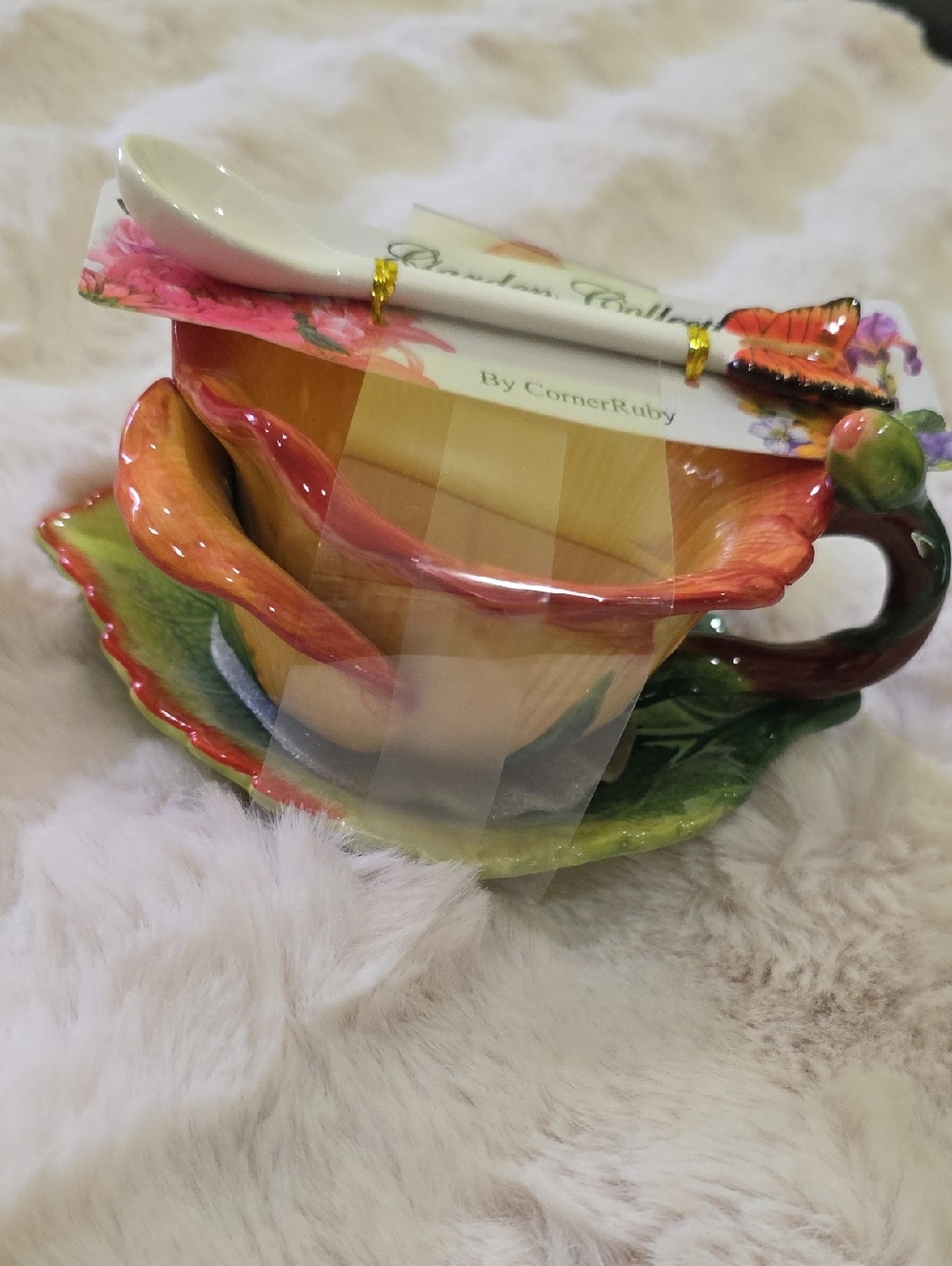 Floral Ceramic Teacup & Saucer Set with Spoon - Orange, Green, Yellow 3D